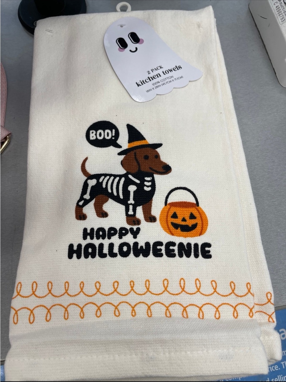 Happy Halloweenie Skeleton Dachshund Dog Kitchen Towel Set of 2NWT